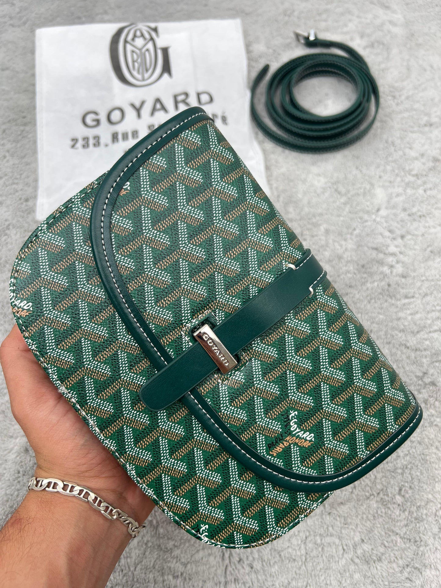 BANDOLERA GOYARD verde detalles plateados