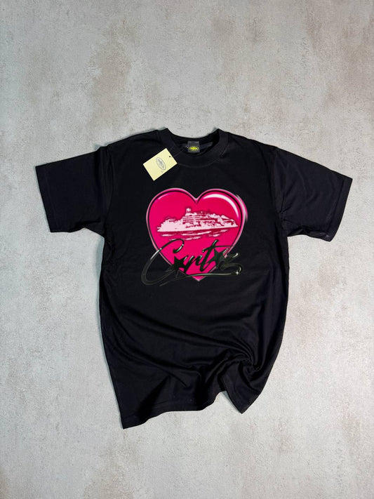 Camiseta Corteiz negro logo negro detalles rosas