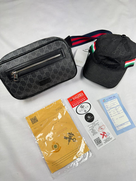Pack Bolso de mano + gorra gucci negro logo gris