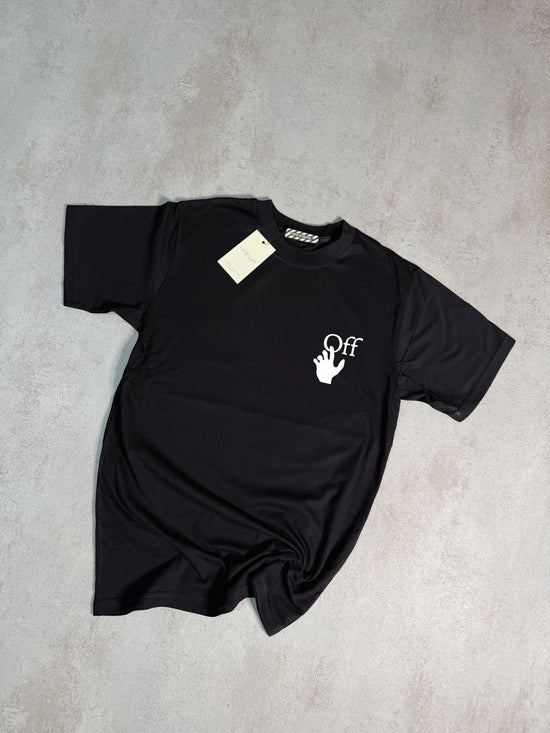 Camiseta off white logo mano negra logo grande rosa