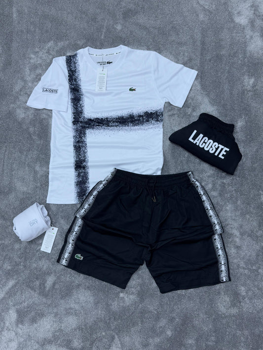 Conjunto corto lacoste blanco logo verde detalles negros