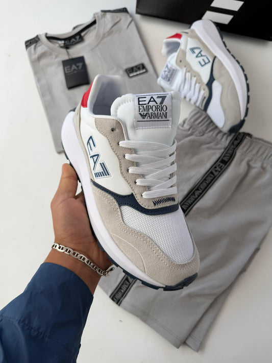 Armani blanco logo azul contorno blanco