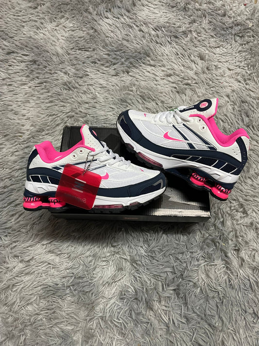 Shox RIDE 2 blancas x supreme logo rosa y azul marino