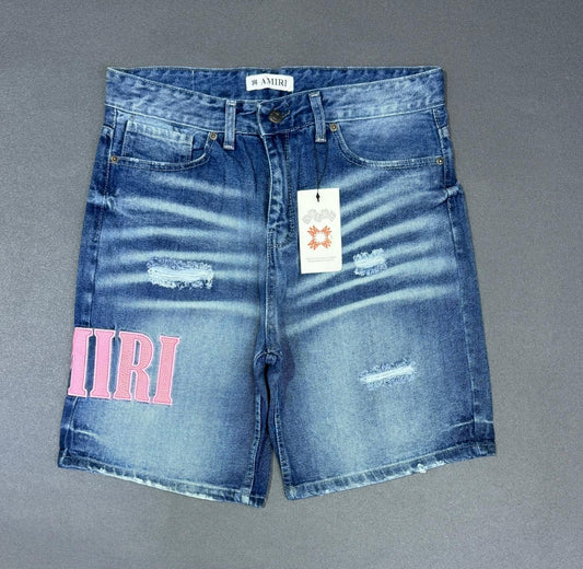 Pantalon corto amiri azul logo rosa