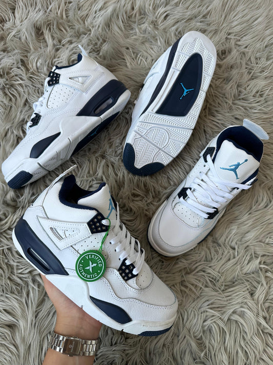 Jordan 4 blancas detalles azules