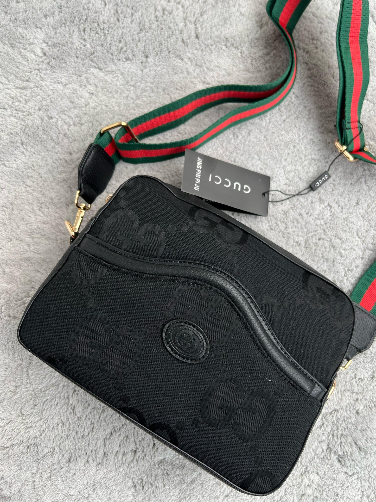 BANDOLERA GUCCI negra correa verde y roja