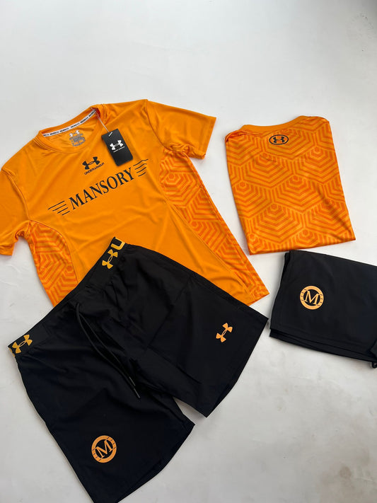 Conjunto corto under armour x Mansory naranja logo negro
