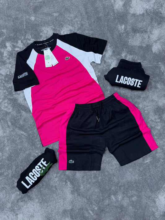 Conjunto corto lacoste rosa logo verde detalles blancos y negros