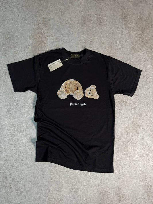 Camiseta palm angels negra logo blanco oso en medio