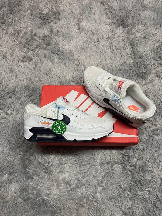 AIR MAX 90 BLANCO LOGO AZUL MARINO DETALLES NARANJAS