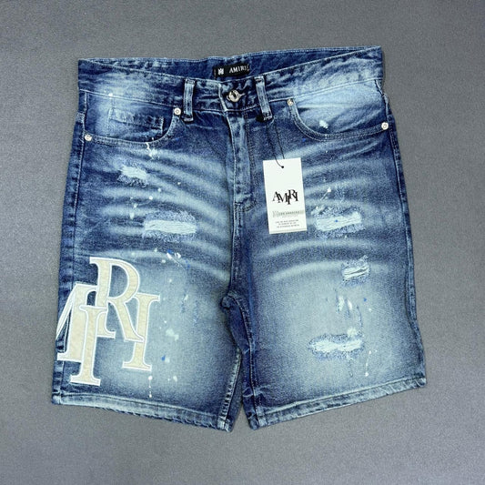 Pantalon corto amiri azul claro logo crema
