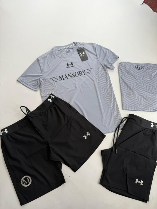Conjunto corto under armour x Mansory gris logo negro