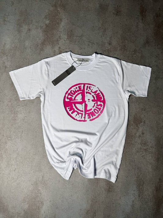 Camiseta Stone Island blanco logo rosa desgastado