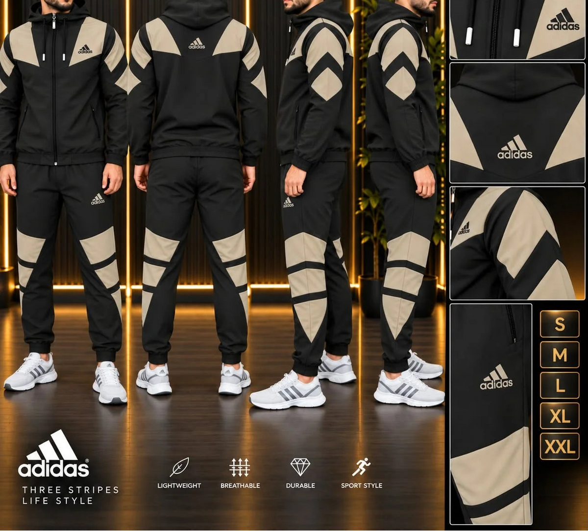 Chándal Adidas negro detalles beige