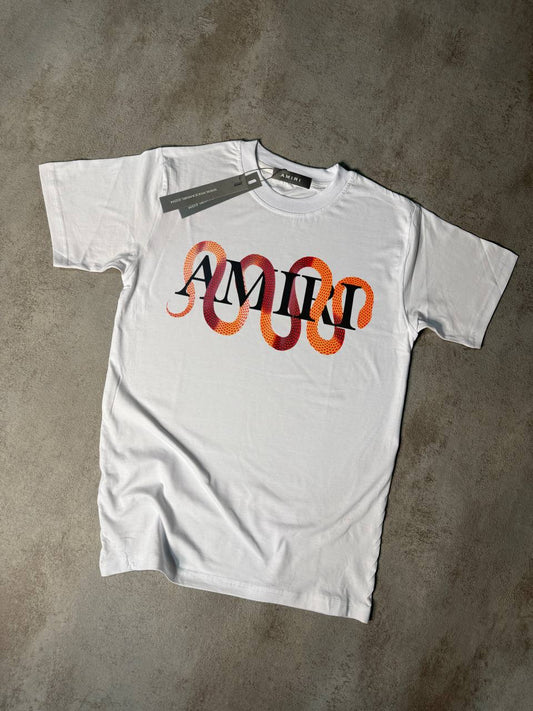Camiseta Amiri blanco logo negro serpiente bicolor