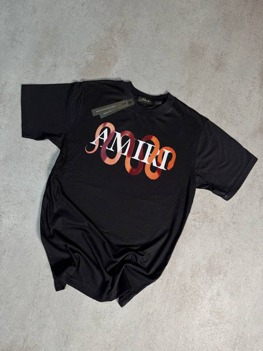 Camiseta Amiri negro logo blanco serpiente bicolor