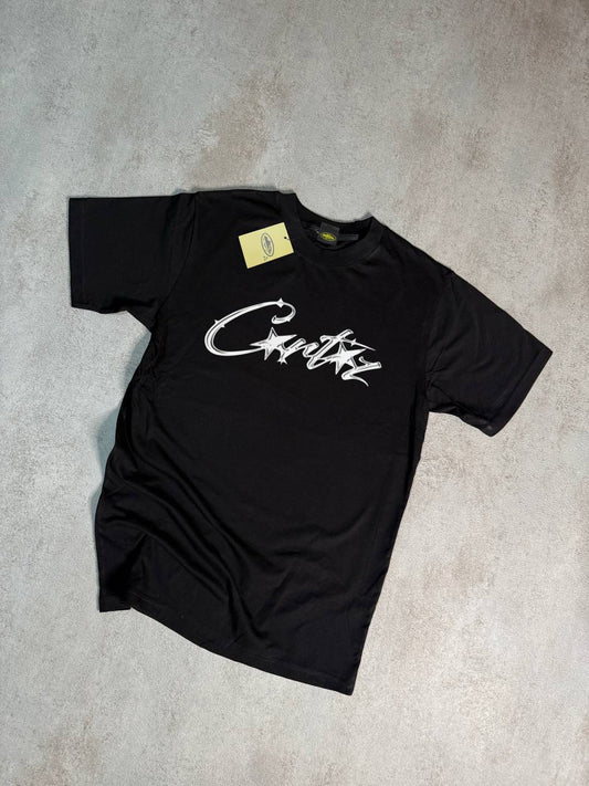 Camiseta Corteiz negro logo blanco detalles negros
