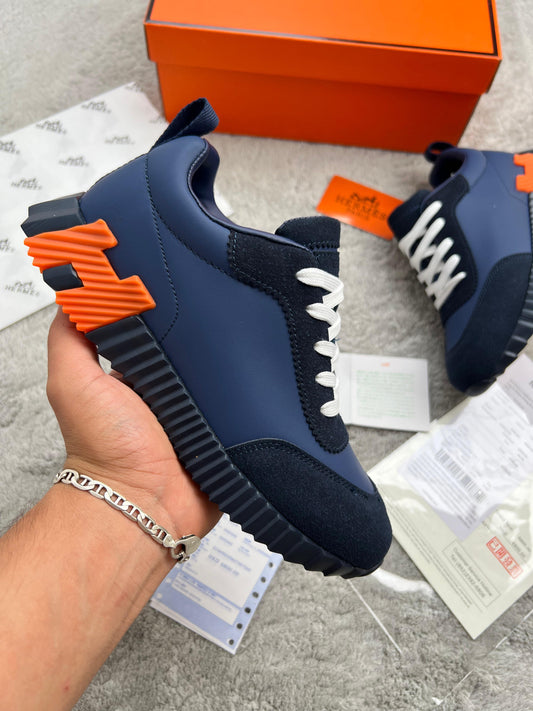 Hermes azul marino logo lateral naranja
