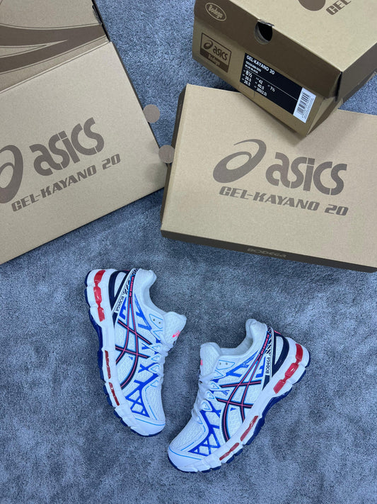 ASICS GEL-Kayano 20 “Bodega” blancas logo azul y naranja