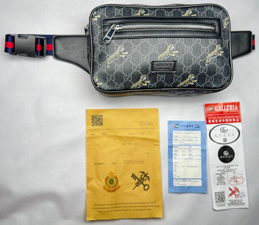 Riñonera GUCCI negro logo gris tigres
