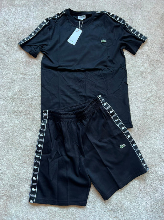 Conjunto corto lacoste negro logo verde detalles blancos