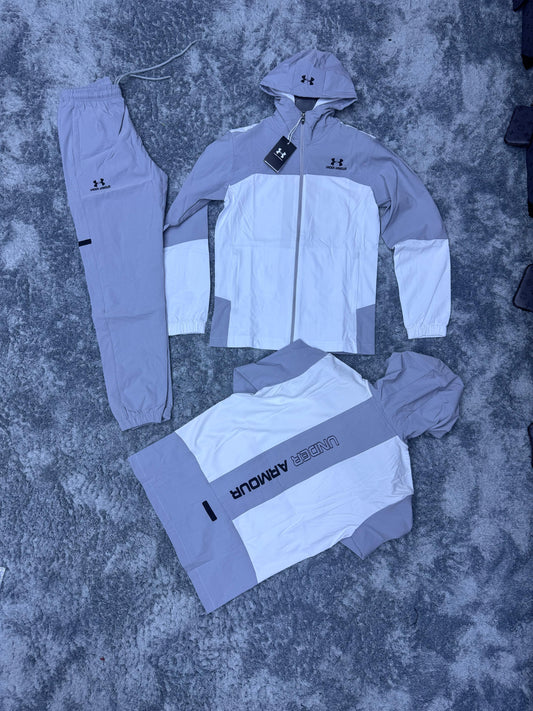Chandal under armour blanco y gris logo negro
