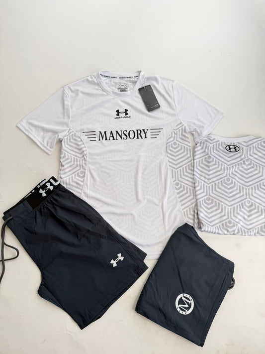 Conjunto corto under armour x Mansory blanco logo negro