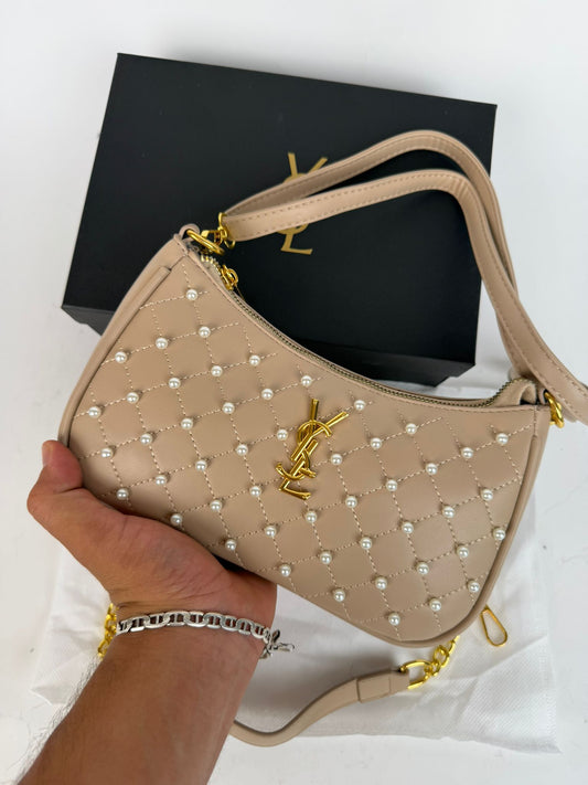 Bolso YSL beige logo dorado detalles blancos