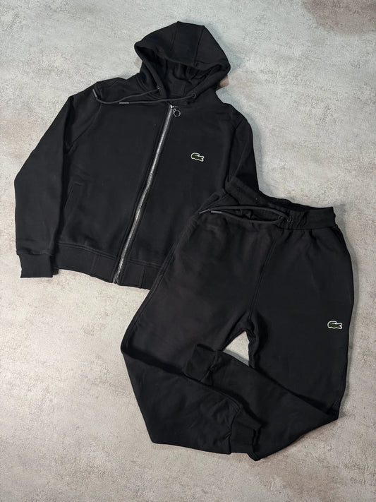 Chandal Lacoste negro logo verde capucha y cremallera