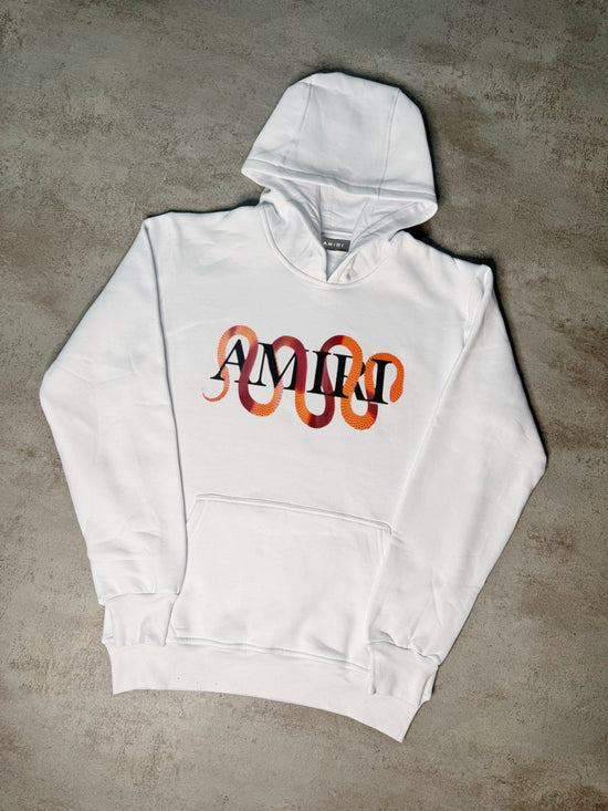 Sudadera AMIRI blanco logo negro serpientes rojas y naranjas con capucha