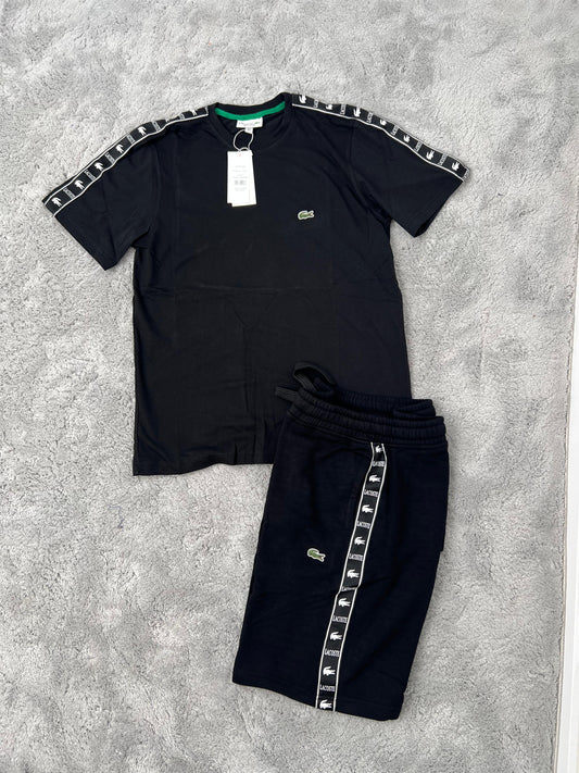 Conjunto corto lacoste negro logo verde lineas blancas