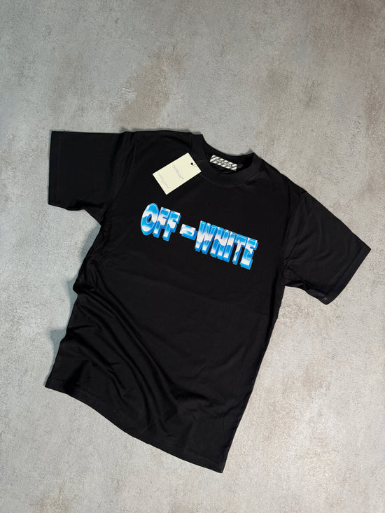 Camiseta off white negra logo azul