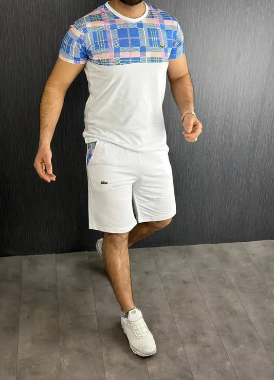 Conjunto Lacoste azul y blanco logo en espalda rosa