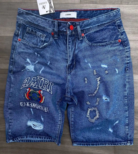 Pantalon corto amiri azul logo blanco