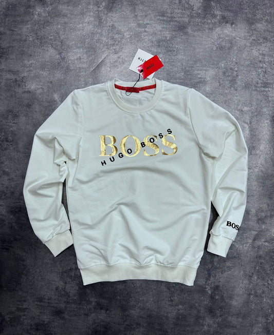 Sudadera Hugo Boss blanca logo dorado y negro