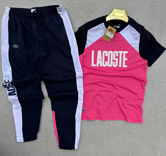 Conjunto Lacoste rosa logo blanco detalles negros