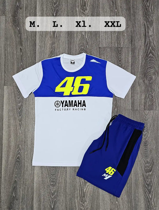 Conjunto corto yamaha blanco y azul logo negro