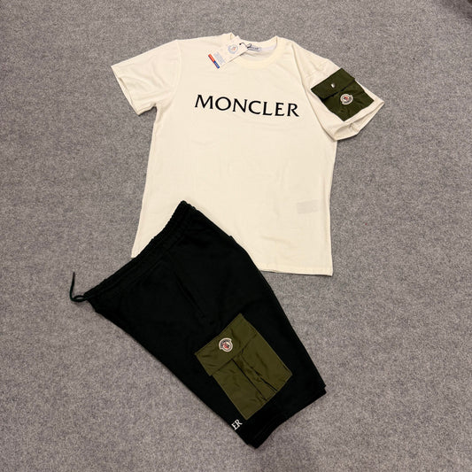 Conjunto Moncler blanco logo negro detalles verdes