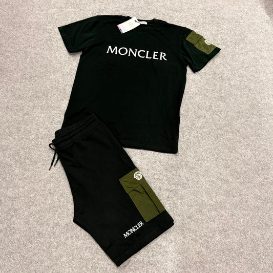 Conjunto Moncler negro logo blanco detalles verdes