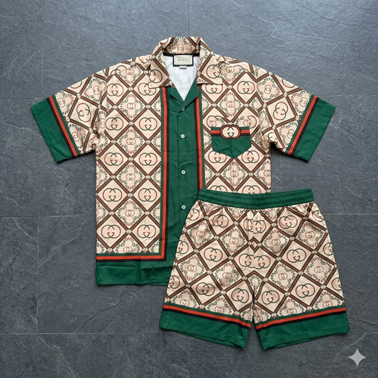 Conjunto GUCCI beige marron detalles verdes y rojos