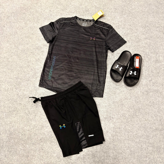 Conjunto under armour negro y gris logo reflectante