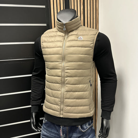 Chaleco moncler beige logo blanco