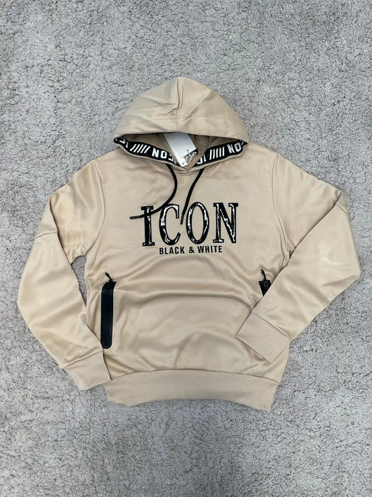 SUDADERA ICON beige logo negro y blanco