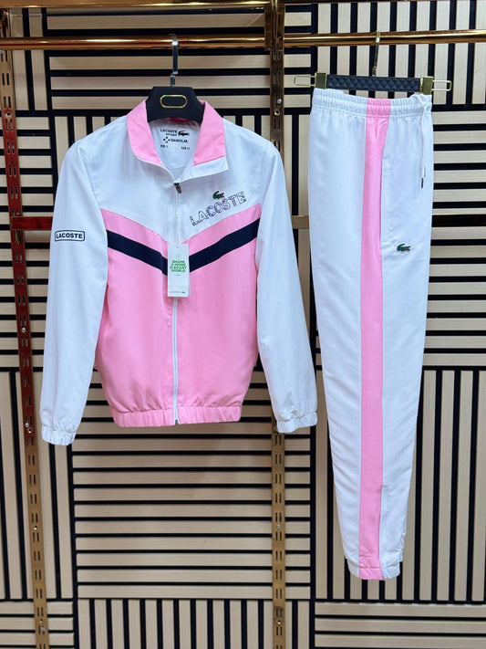 Chandal LACOSTE rosa blanco detalles negros
