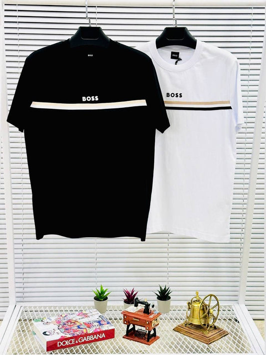 Camiseta HUGO BOSS negra logo blanco lineas marron y blancas