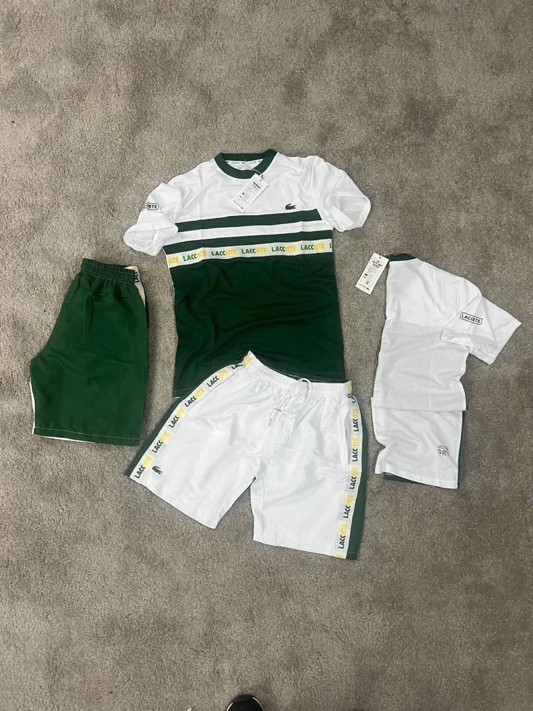 Conjunto corto lacoste blanco y verde logo verde detalles amarillos