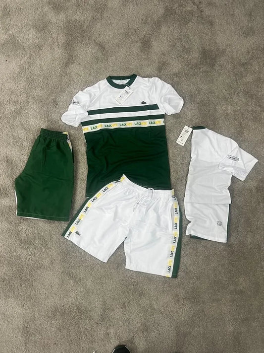 Conjunto corto lacoste blanco y verde logo verde detalles amarillos