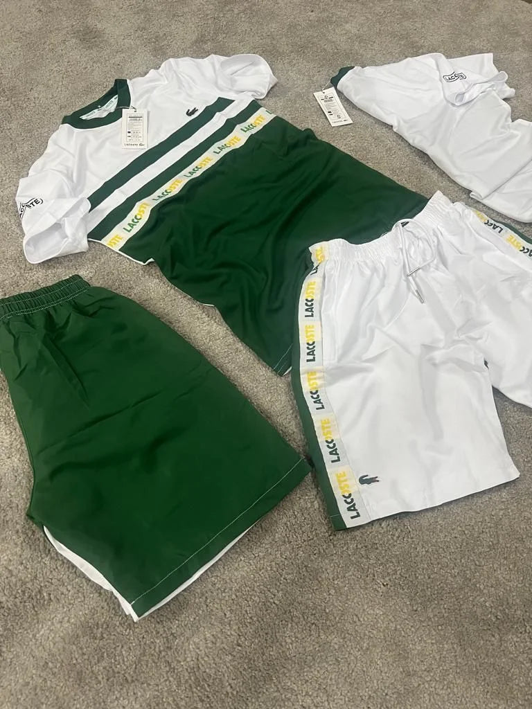 Conjunto corto lacoste blanco y verde logo verde detalles amarillos