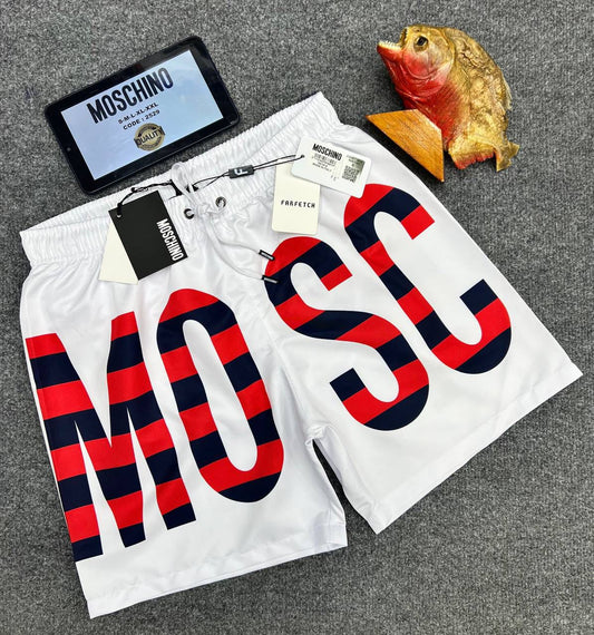 Bañador Moschino banco logo azul marino y rojo
