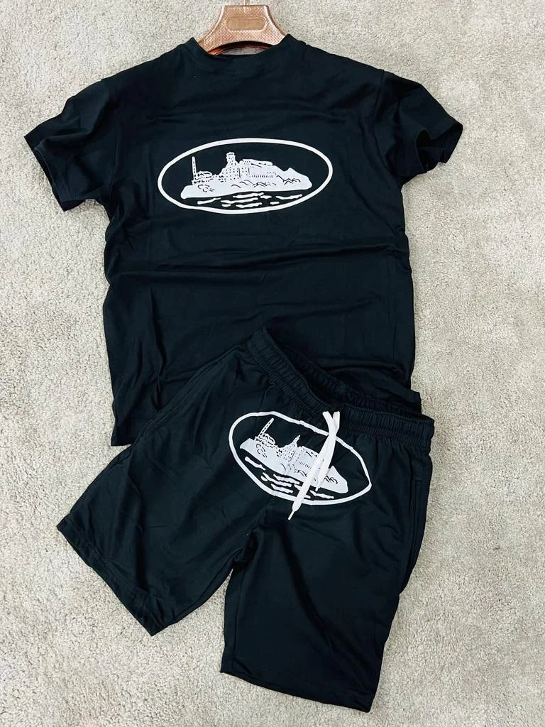 Conjunto corto corteiz negro logo blanco